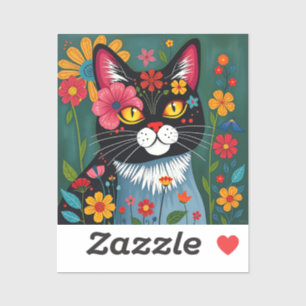 Sticker Art populaire noir et blanc Chat et fleurs Whimsic