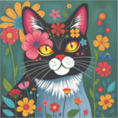 Sticker Art populaire noir et blanc Chat et fleurs Whimsic (Recto)
