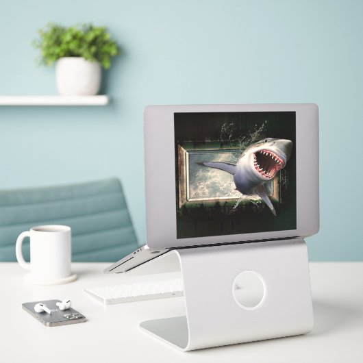 Sticker Attaque de requin sautant de l'eau style 3d (Ordinateur portable sur le bureau)