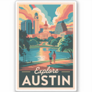 Sticker Austin Texas Skyline Travel Art Vintage