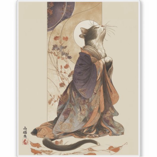 Sticker "Autumn Reverie" Japanese Cat in Kimono Art (Devant)
