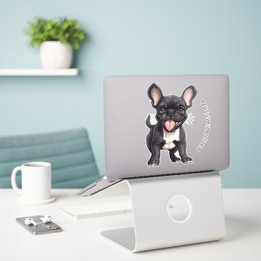 Sticker 🐶 Avec texte personnalisé, chiot français (Ordinateur portable sur le bureau)