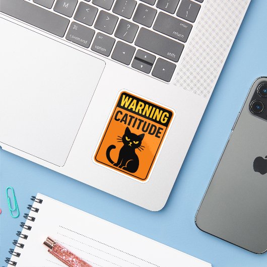 Sticker Avertissement Catitude (Ordinateur portable avec iPhone)