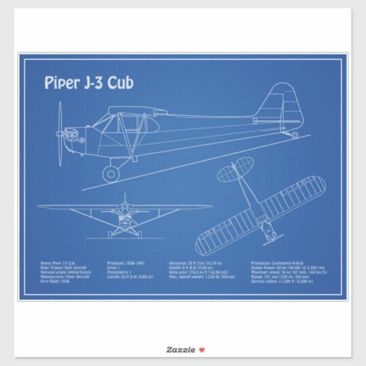 Sticker Avion Cub - Plan directeur de l'avion AD (Feuille)