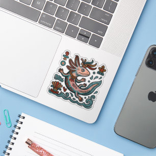 Sticker Axolotl aztèque Xolotl pierre érodée art tribal bo