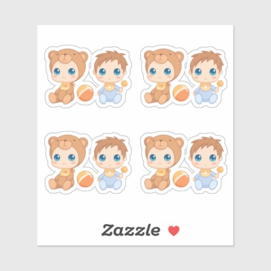 Sticker Baby Boy Twins Bear Jumpsuit Set de 4 (Feuille)