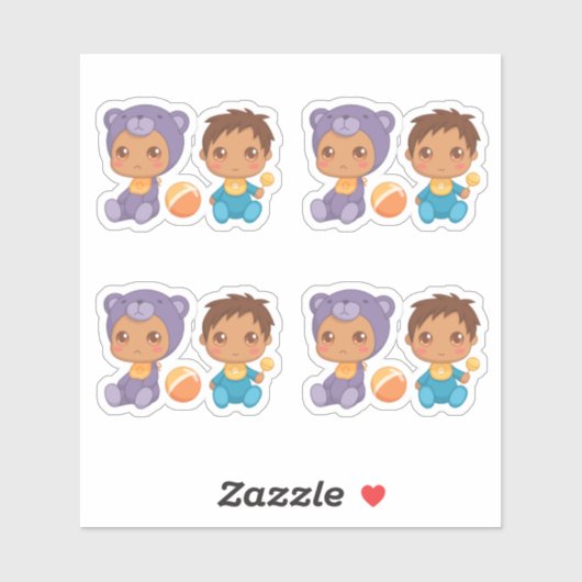 Sticker Baby Boy Twins Purple Bear Jumpsuit Ensemble de 4  (Feuille)