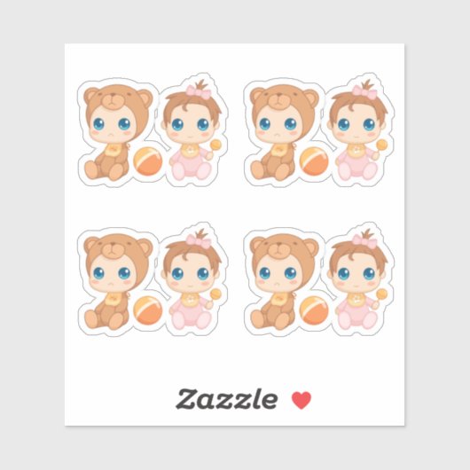 Sticker Baby Girl Twins Bear Jumpsuit Ensemble de 4 (Feuille)