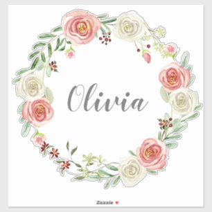 Sticker Baby Girls Name Watercolor Rose Floral Wreath