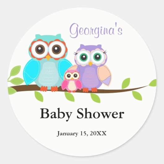 Sticker Baby shower fille de la famille de chouett (Devant)