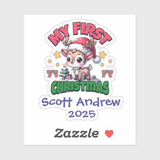 Sticker Baby's First Christmas Santa Deer Personalized (Feuille)