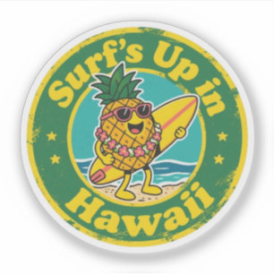 Sticker Badge-ananas rétro Hawaii avec Lei Surfboard