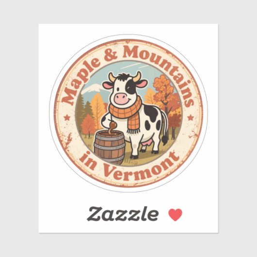 Sticker Badge Retro Vermont_ Cosy Cow avec Écharpe en lain (Feuille)