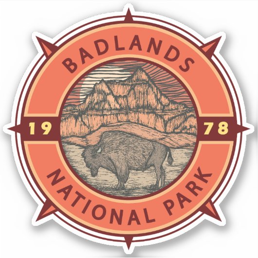 Sticker Badlands National Park Buffalo Retro Compass (Devant)