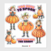 Sticker Baguette Citrouille fille et chats (Feuille)