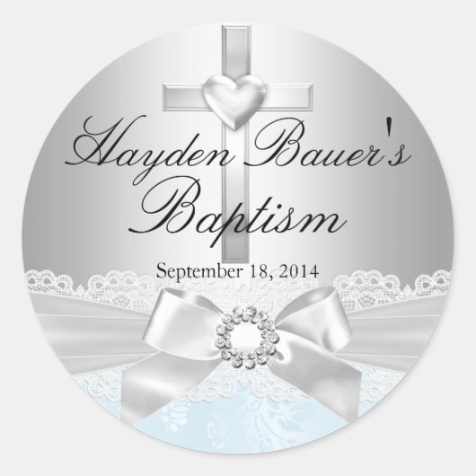 Sticker Baptême Bleu Croix & dentelle (Devant)