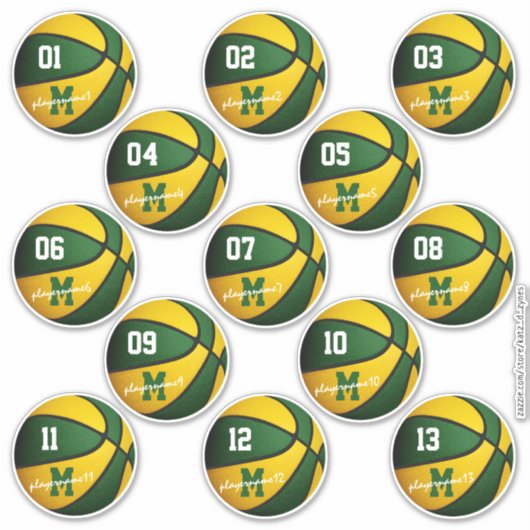 Sticker basket-ball en or vert coutume 13 joueurs noms (Devant)