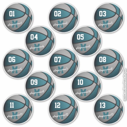 Sticker basket-ball gris turquoise 13 noms des membres de  (Devant)