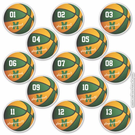 Sticker basket orange vert coutume 13 joueurs noms (Devant)