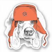 Sticker Basset Hound | Casquette rouge Ushanka (Devant)