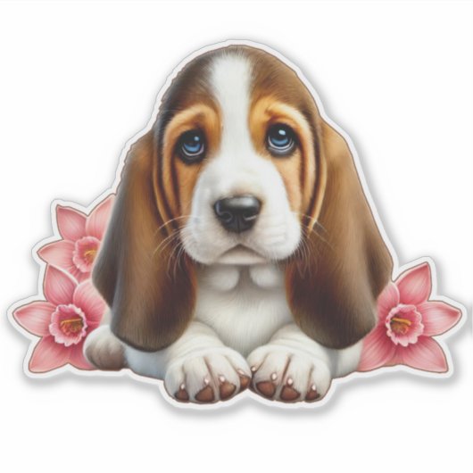 Sticker Basset Hound Chiot Avec Fleurs (Devant)