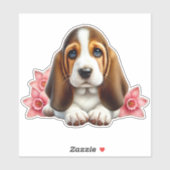 Sticker Basset Hound Chiot Avec Fleurs (Feuille)