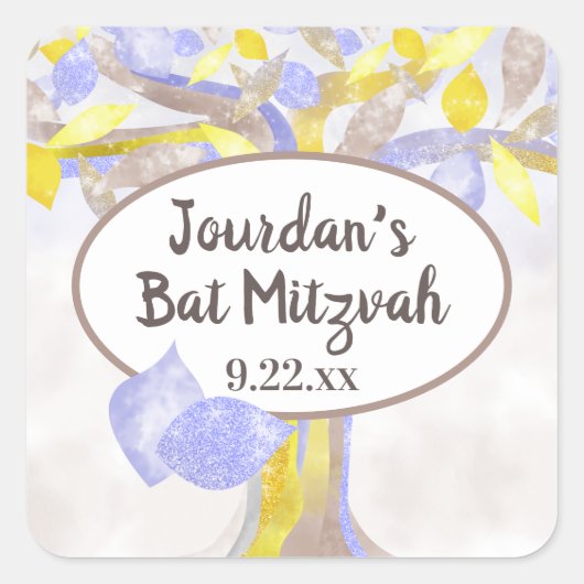 Sticker Bat mitzvah Arbre bleu et jaune de vie (Devant)