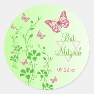 Sticker Bat mitzvah aux papillons floraux roses et
