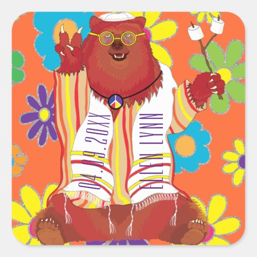 Sticker Bat mitzvah Hippie Happy Bear Carré (Devant)