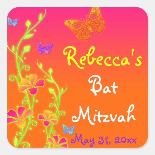 Sticker Bat mitzvah néon papillons et fleurs (Devant)