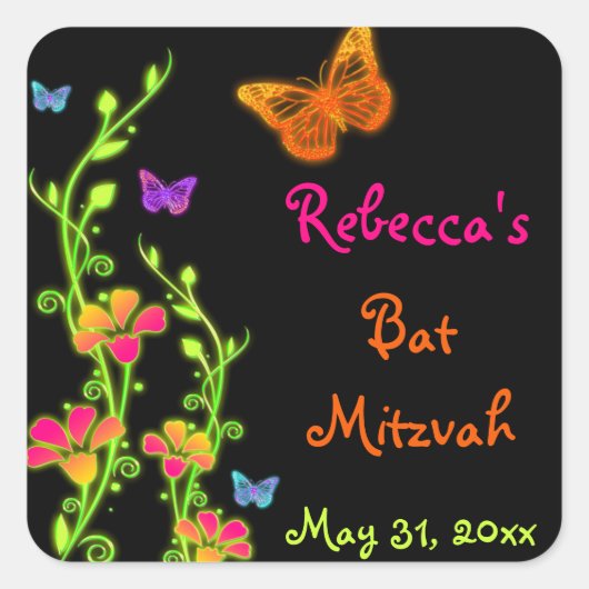 Sticker Bat mitzvah néon papillons et fleurs (Devant)