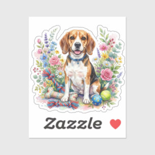 Sticker Beagle aquarelle mignon dans les fleurs