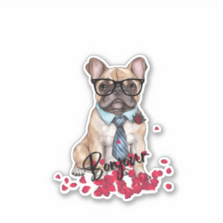 Sticker Beau Bulldog français avec lunettes et pétales ros
