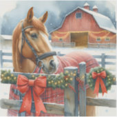 Sticker Beau Cheval Brown à un Noël Festive Grange (Devant)