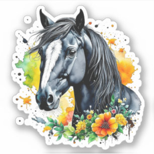 Sticker Beau Cheval Noir Entouré de Fleurs Jaunes