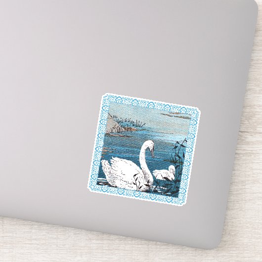 Sticker Beau Lac Cygne Blanc Avec Bébé Fancy bordure (Détail)