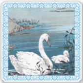 Sticker Beau Lac Cygne Blanc Avec Bébé Fancy bordure (Devant)