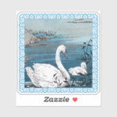 Sticker Beau Lac Cygne Blanc Avec Bébé Fancy bordure (Feuille)