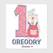 Sticker Beau ours premier anniversaire avec nom (Feuille)