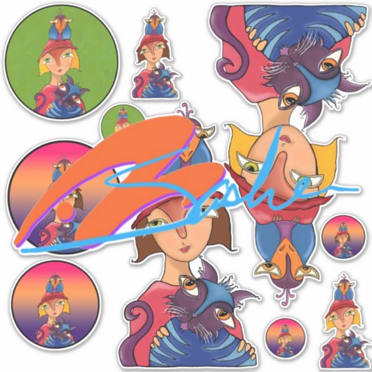 Sticker Beaucoup, beaucoup d'oiseaux, femmes de chat (Devant)