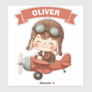 Sticker Bébé Aviateur Rêveur dans un Avion Rouge
