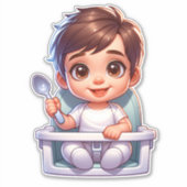 Sticker Bébé Brown mignon tenant une cuillère (Devant)