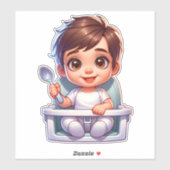 Sticker Bébé Brown mignon tenant une cuillère (Feuille)