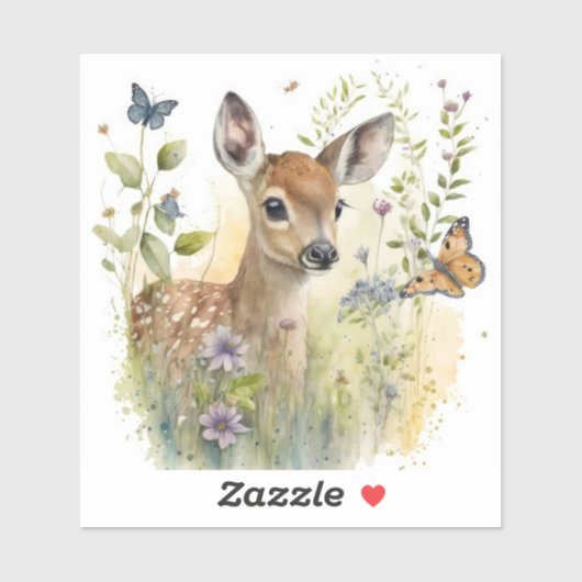 Sticker Bébé Cerf Papillon Feuillage Flore Nature Faune (Feuille)