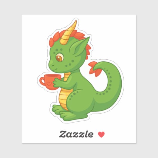 Sticker Bébé dragon mignon tenant une tasse (Feuille)