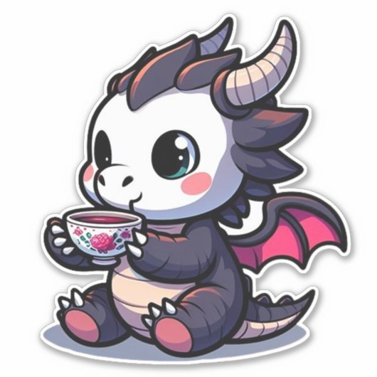 Sticker Bébé Dragon Noir Boire Thé ou café (Devant)