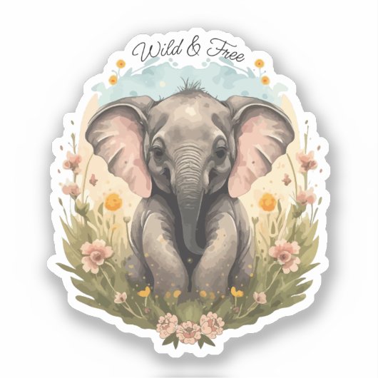 Sticker Bébé éléphant mignon Curiosité fleur sauvage Envie (Recto)