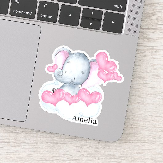 Sticker Bébé mignon fille éléphant et rose amour Coeurs Vi (Détail)