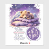 Sticker Bébé ours dormant violet Galaxy Baby shower fille (Feuille)