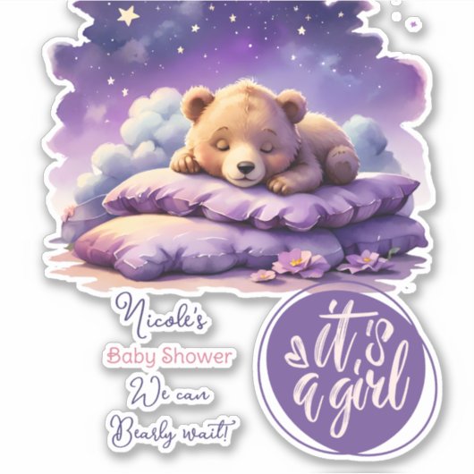 Sticker Bébé ours dormant violet Galaxy Baby shower fille (Devant)